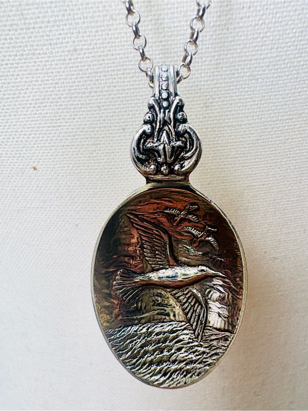 Handcrafted Spoon Pendant Necklace Sterling Silver Chain Seagull Motif